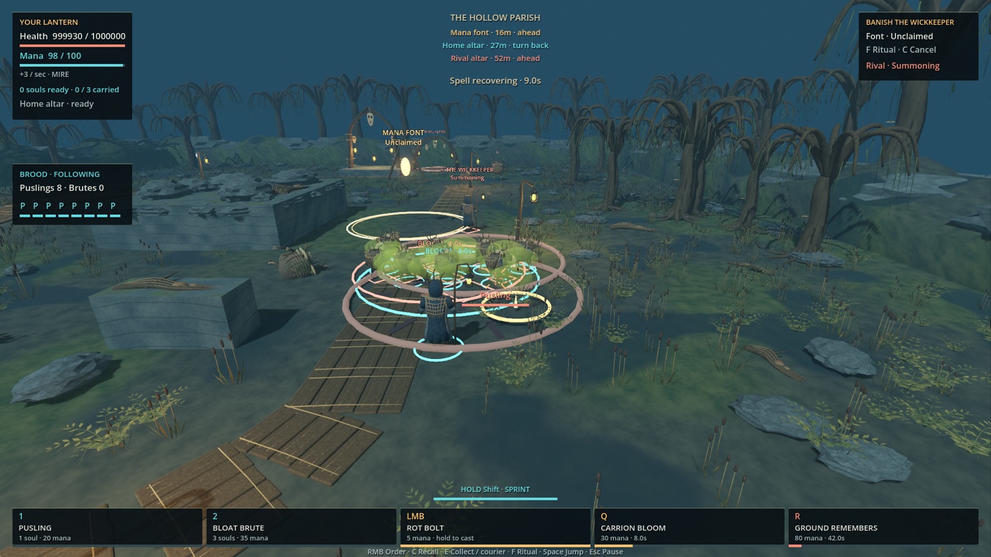 Sixteen Puslings fight between two wizards amid overlapping area spells and team rings near the mana font.