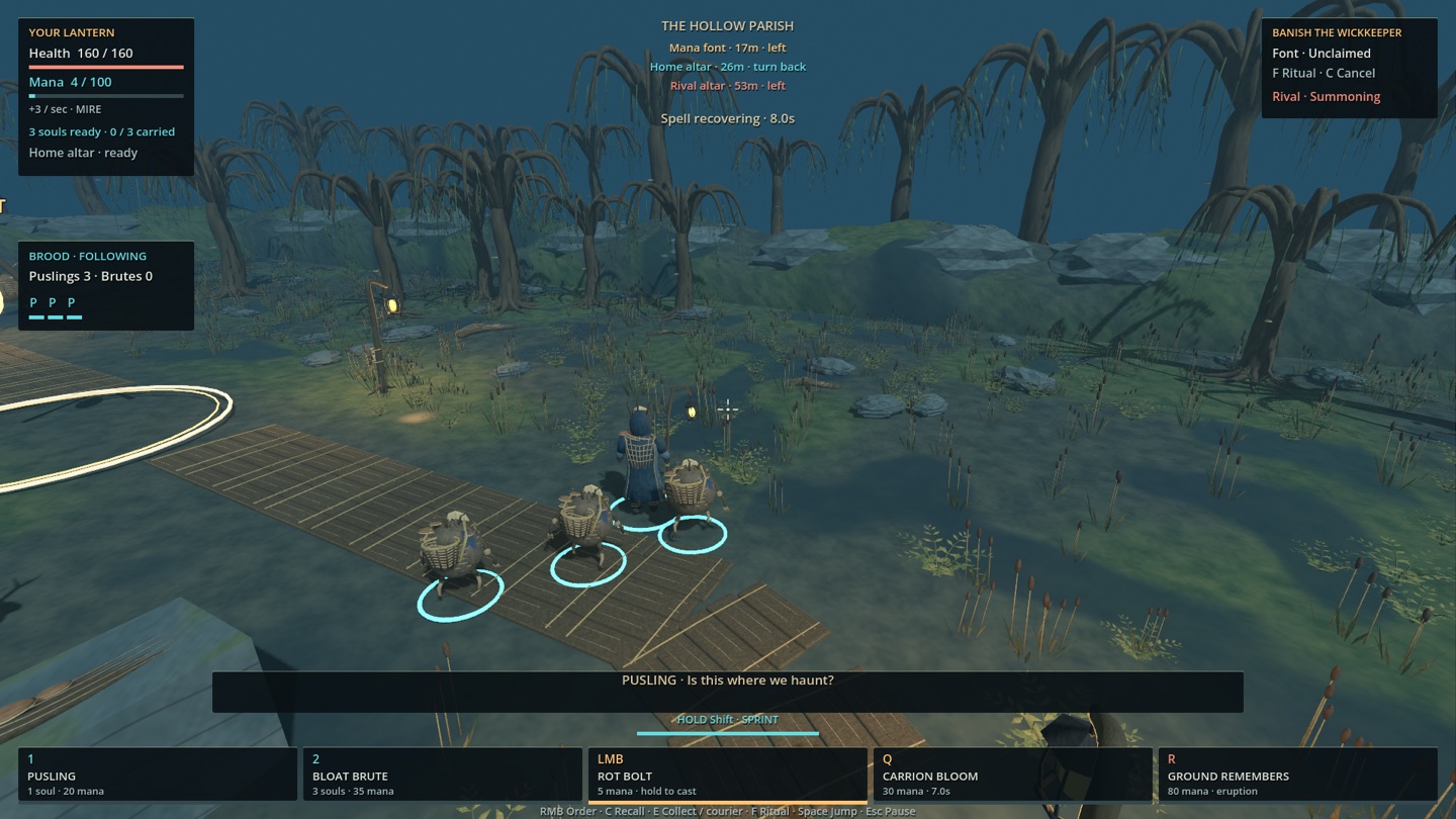 The wizard and three Puslings stand on the parish causeway, surrounded by willows and lantern posts.