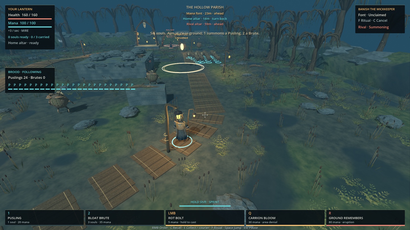 A large group of friendly Puslings follows a route past the mana font while the wizard watches from the near causeway.