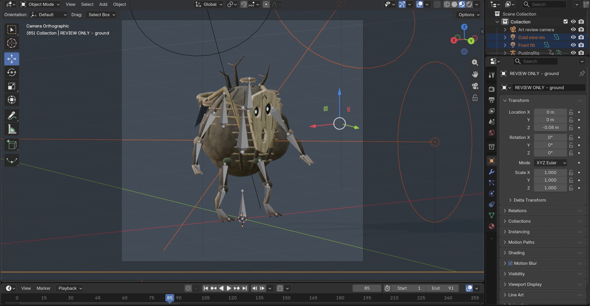 The original Pusling in Blender: a round wicker-bound body, carved wooden mask and twig limbs, with its skeleton visible over the textured model and the animation timeline below.