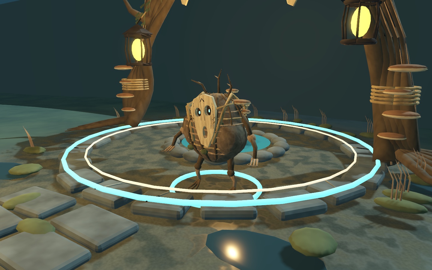 A round, wicker-bound Pusling wearing a carved wooden mask stands beneath lanterns at its altar.