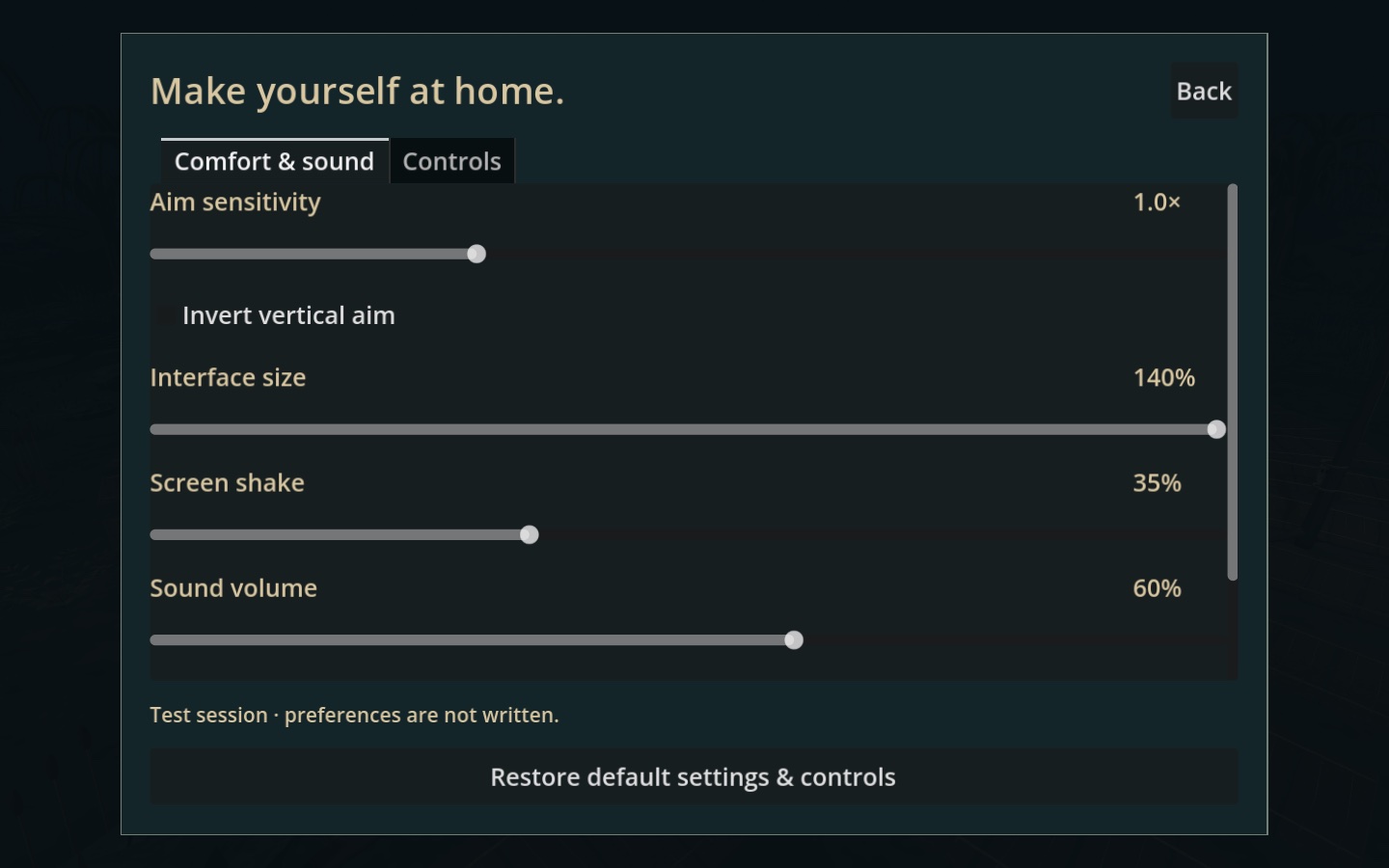 The Make yourself at home settings panel at 140 percent size, showing aim sensitivity, vertical inversion, interface size, shake and sound volume.