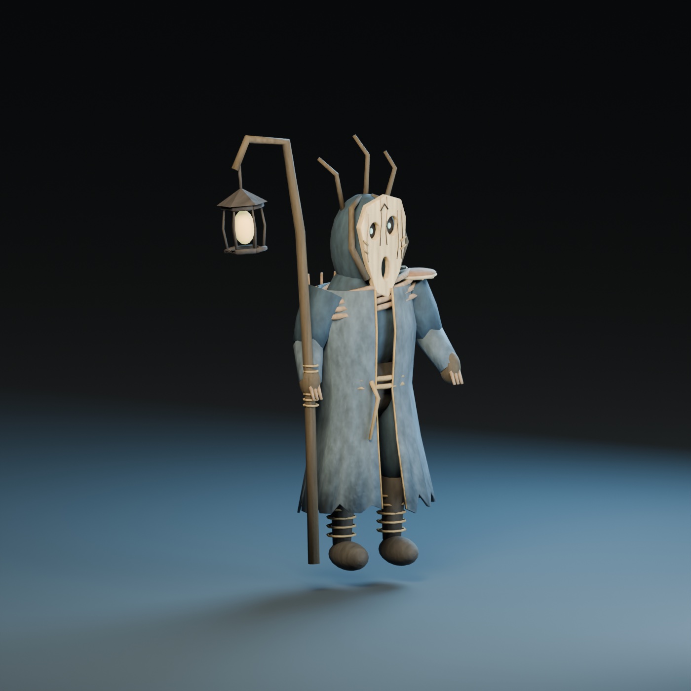 A Blender studio render of the original wizard showing the carved face, layered coat, wrapped boots and hanging lantern.