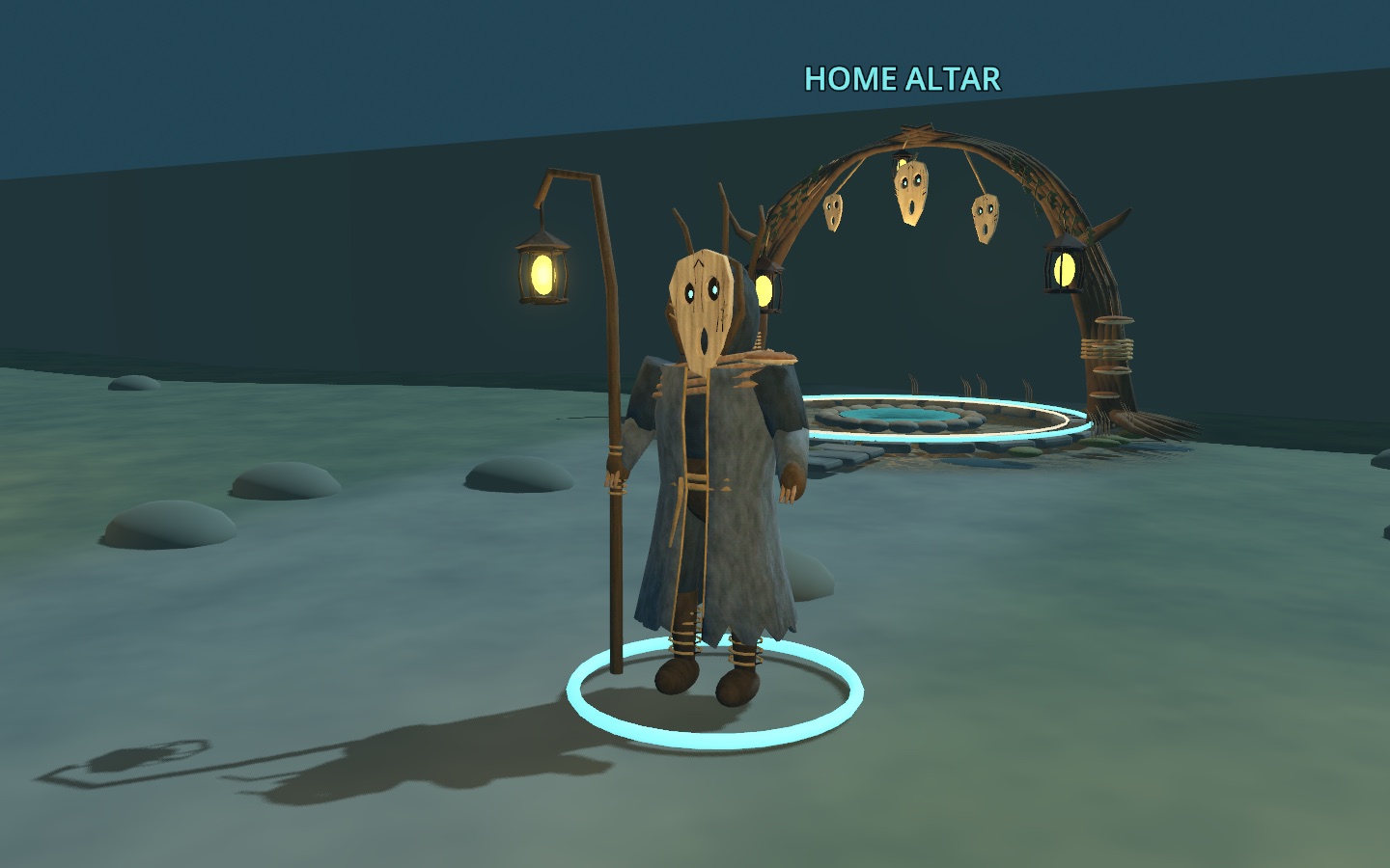 The original masked wizard stands beside its home altar, wearing a blue wool coat and carrying a crooked wooden lantern staff.