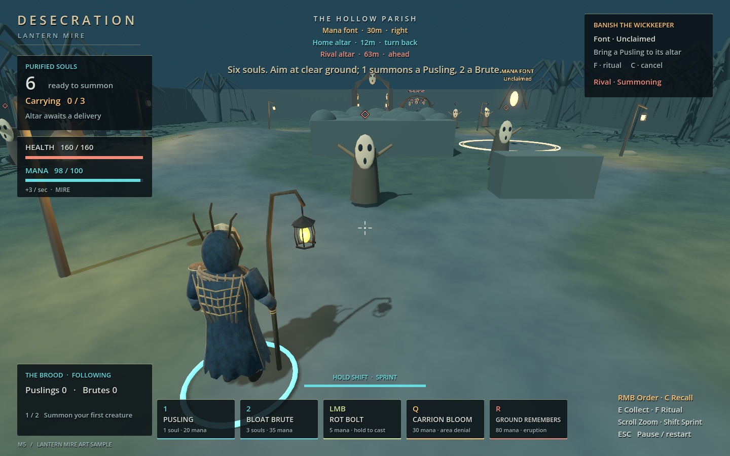 The new wizard from the normal close gameplay camera, with the lantern and reed mantle visible below the battlefield HUD.
