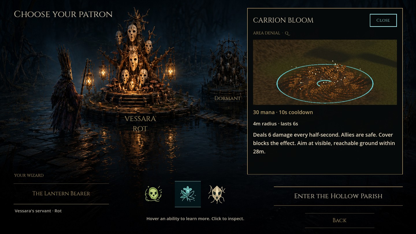 Carrion Bloom is selected in the actual game menu, with its live fungal field preview and readable mana, cooldown, radius and damage description.
