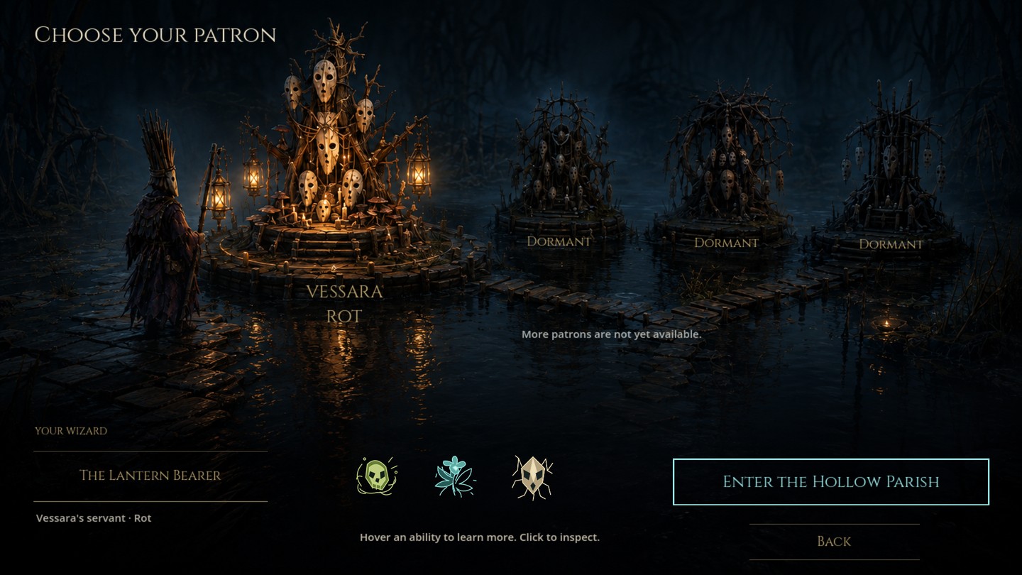 The Lantern Bearer stands beside the lit Vessara altar while three future patron altars remain dormant. Three spell icons and the start control sit below.