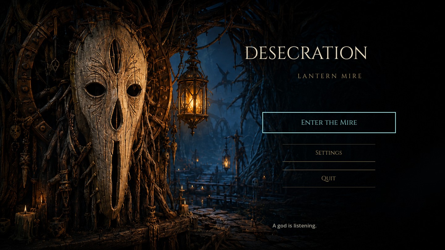 The actual Godot welcome screen shows a large carved wooden mask, an amber lantern and native Enter the Mire, Settings and Quit controls.