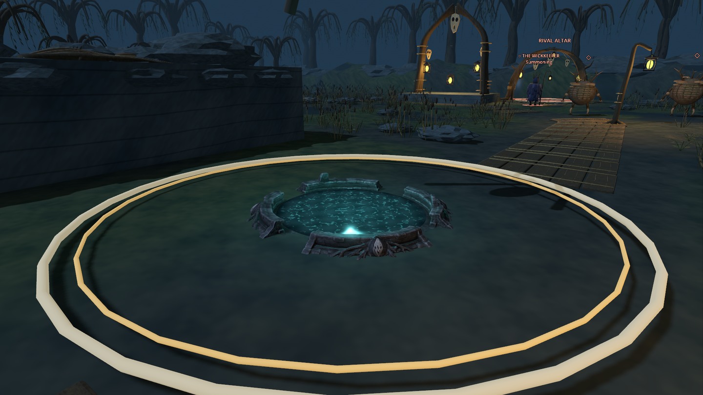 A low ring of worn stone and carved roots holds dark water with cyan shimmer, inside the existing capture circle in the swamp arena.