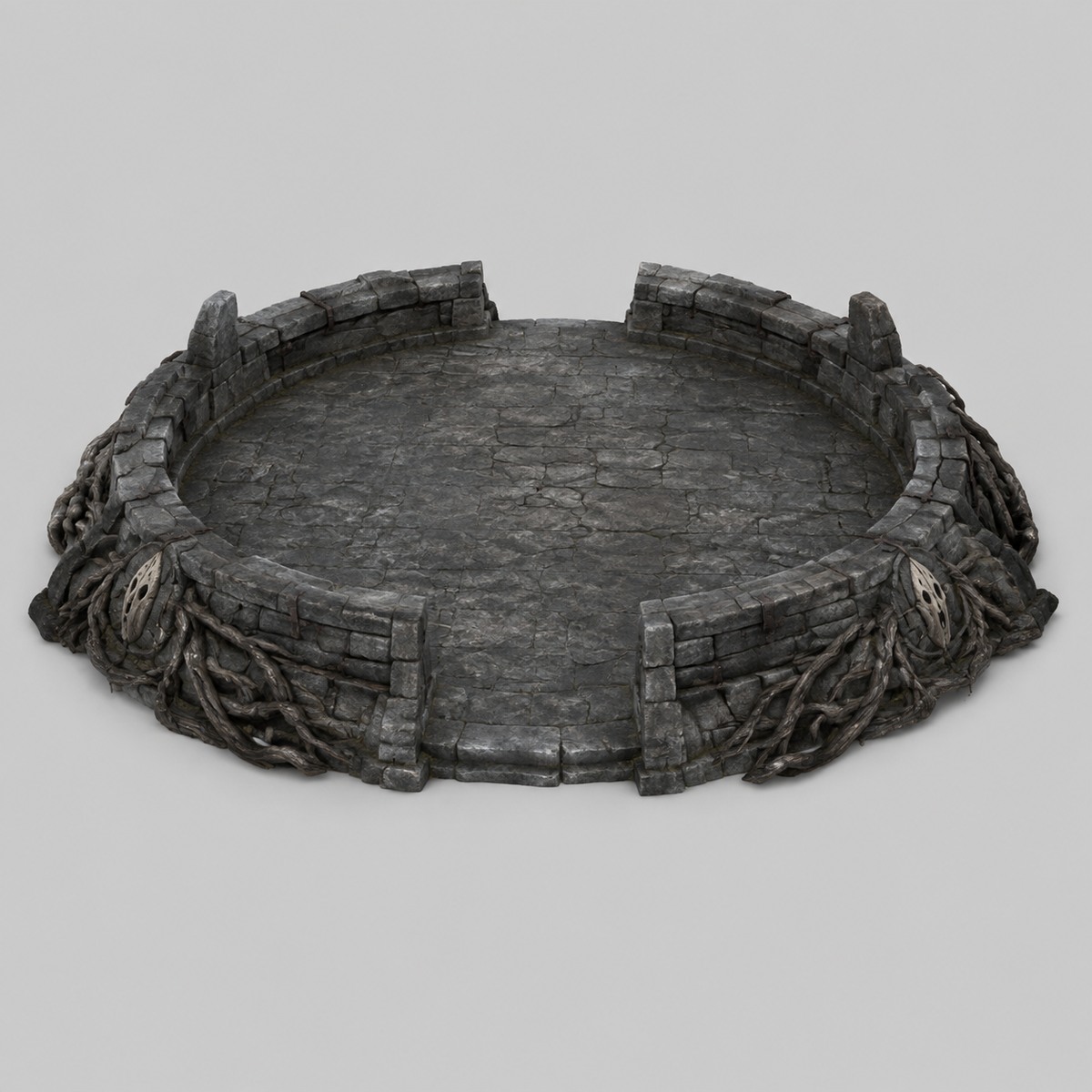 The original image brief shows a shallow ruined stone basin, interwoven roots and elongated pale masks against a neutral studio background.