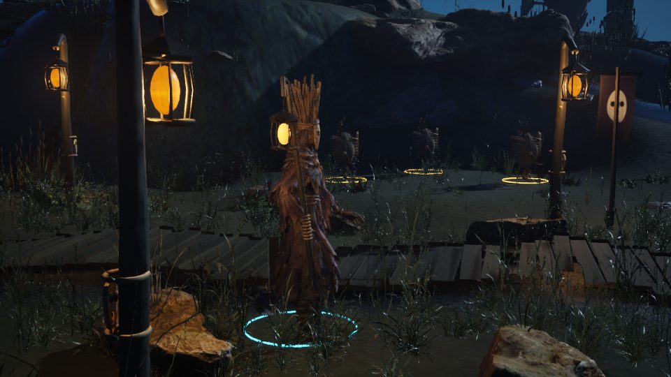 The Wickkeeper strides through the Lantern Mire while carrying its upright staff and glowing lantern.