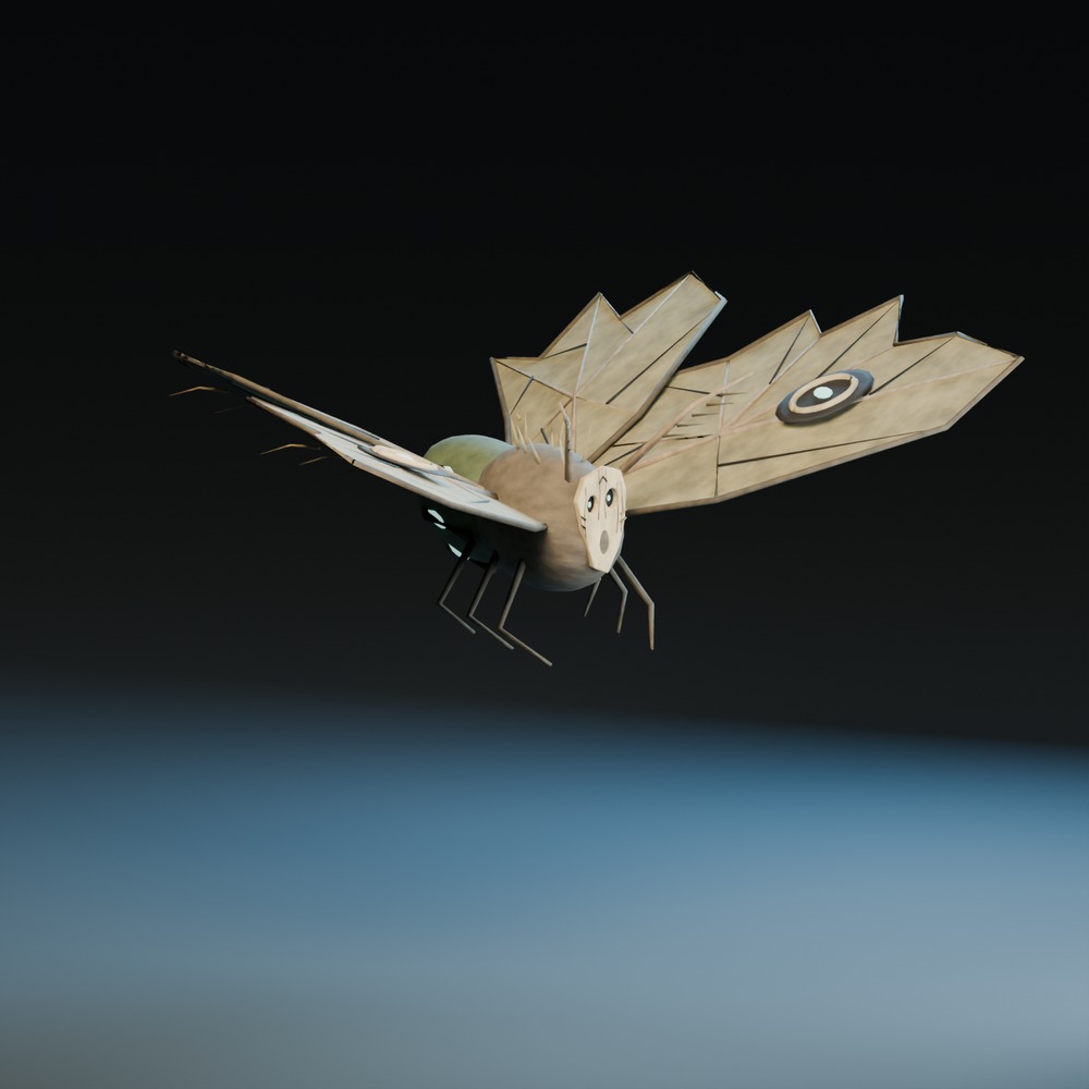 Original Blender studio render of a masked moth with parchment wings, wooden veins and root legs.