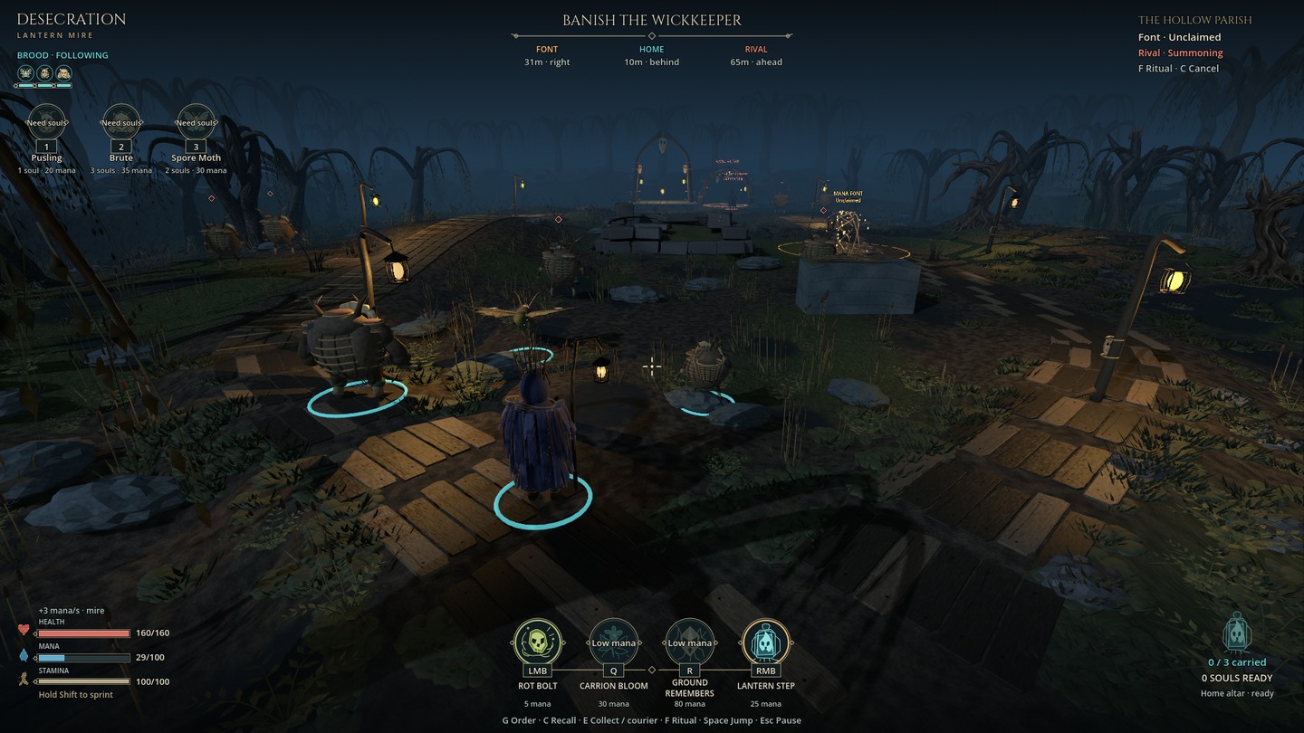 The wizard watches a Spore Moth, Pusling and Brute beside a path through the mire.