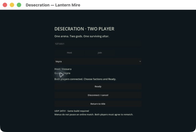The multiplayer lobby shows a Vessara host and a Veyra guest.