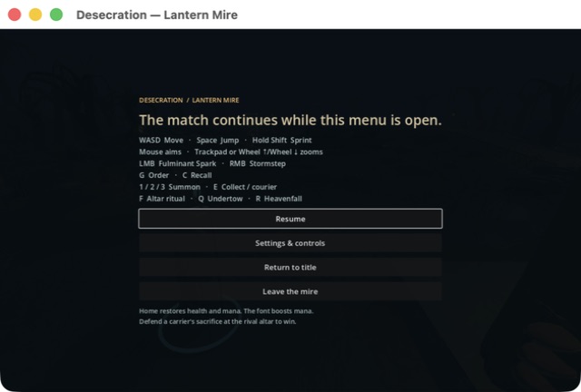 The online pause menu says the match continues while the menu is open.