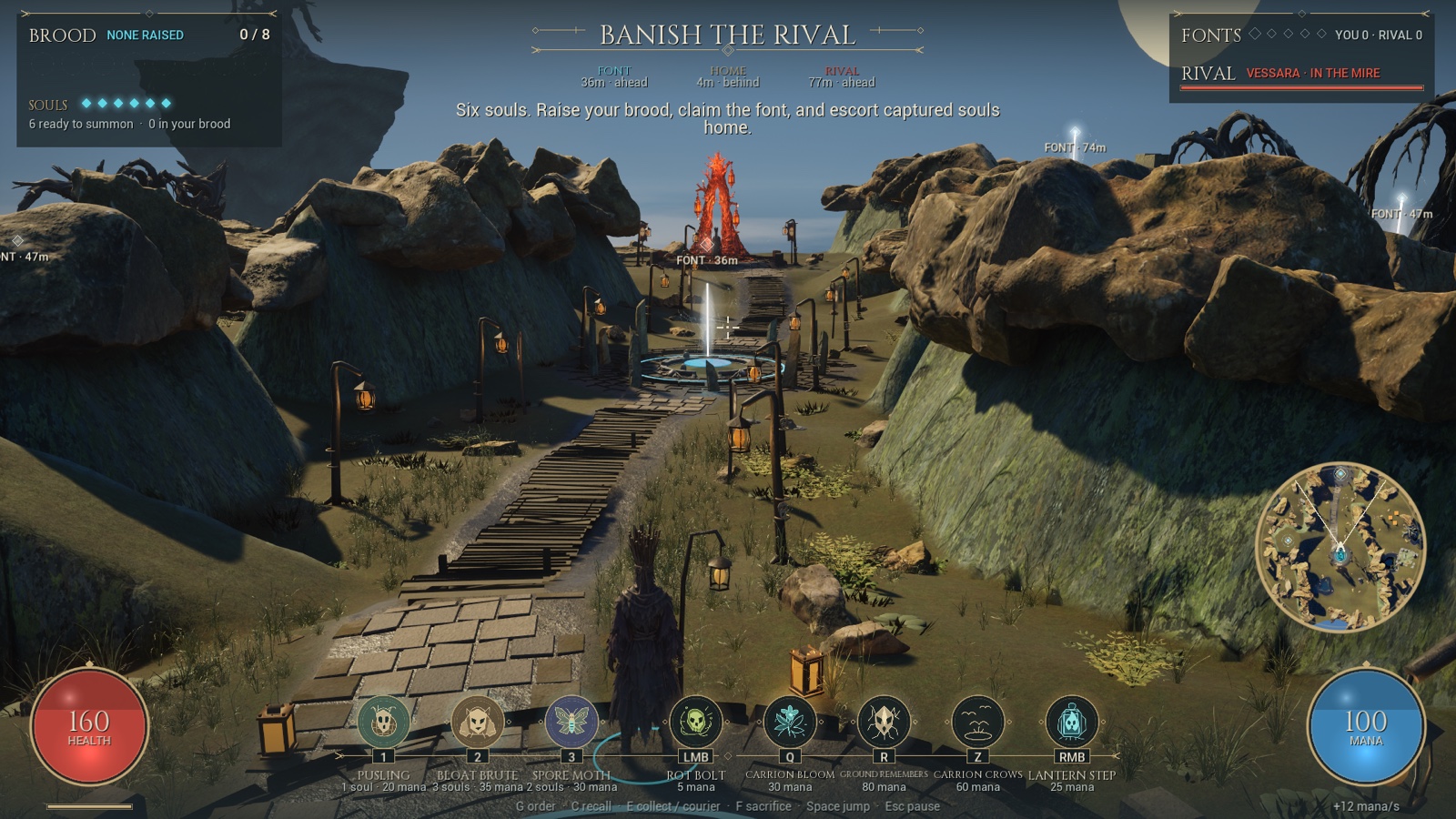 The Passes in warm daylight, with a wizard looking down the central path towards a font and a distant altar.