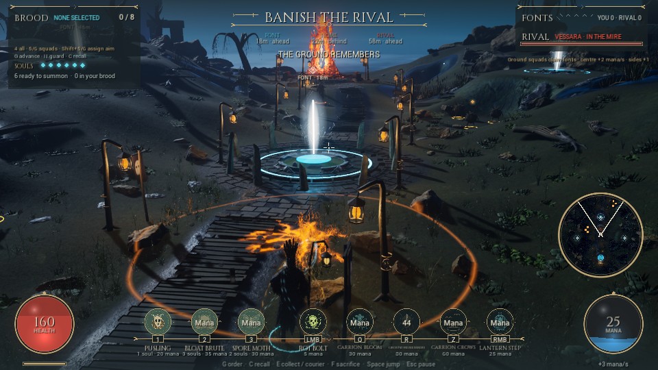 Vessara casts The Ground Remembers, surrounded by golden wisps and an orange warning ring in the Lantern Mire.