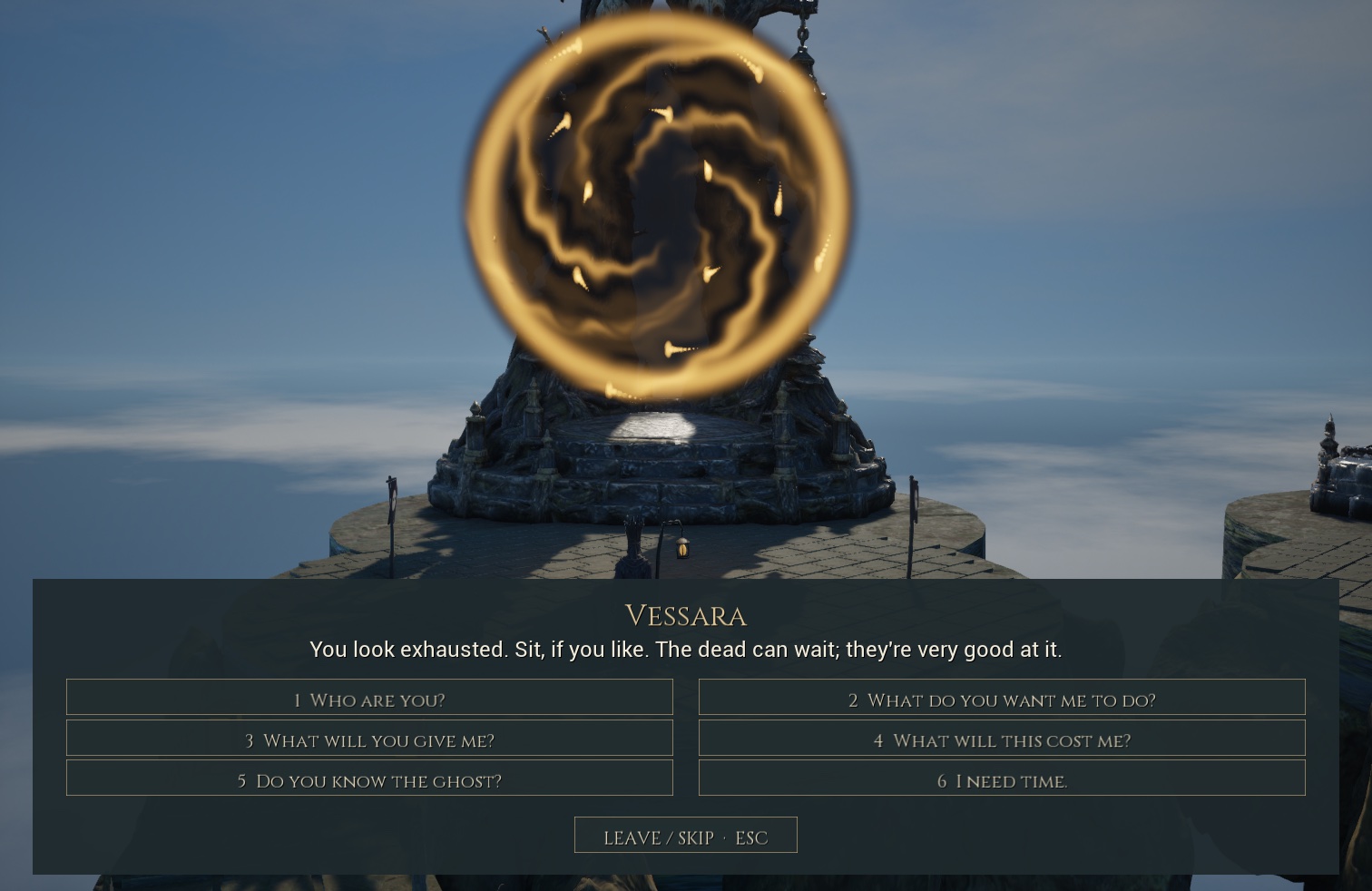 Vessara’s gold portal turns above a fully visible conversation panel.