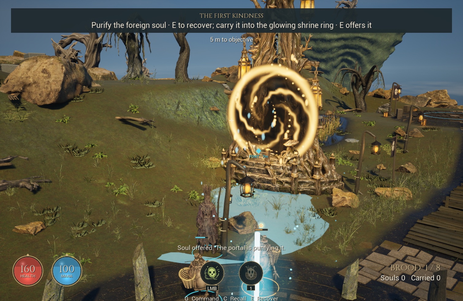 The larger gold portal purifies a soul delivered by the wizard.