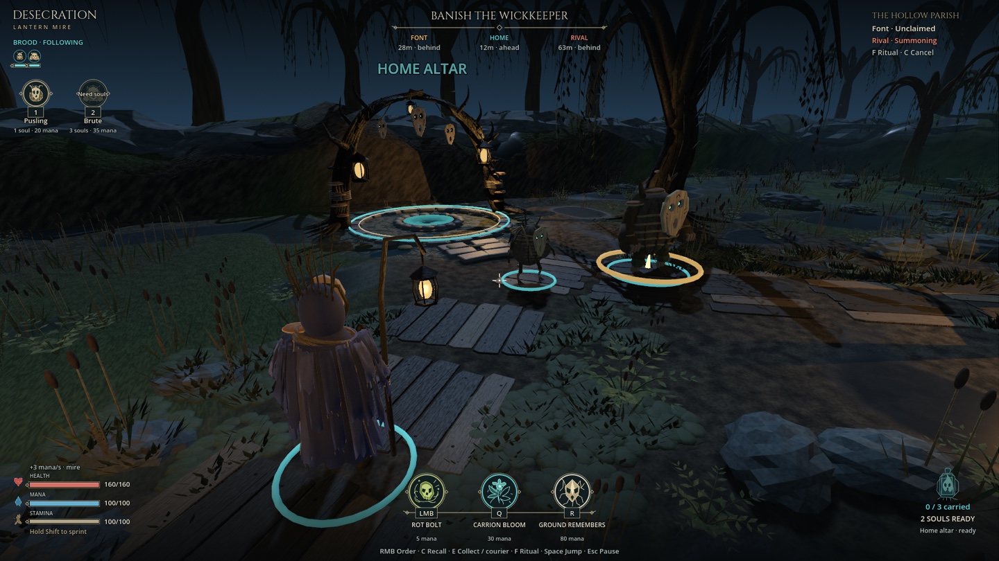 The indigo-cloaked wizard and two companions face the home altar, with worn boards, clumped marsh plants and amber lantern shadows beneath a gnarled willow.