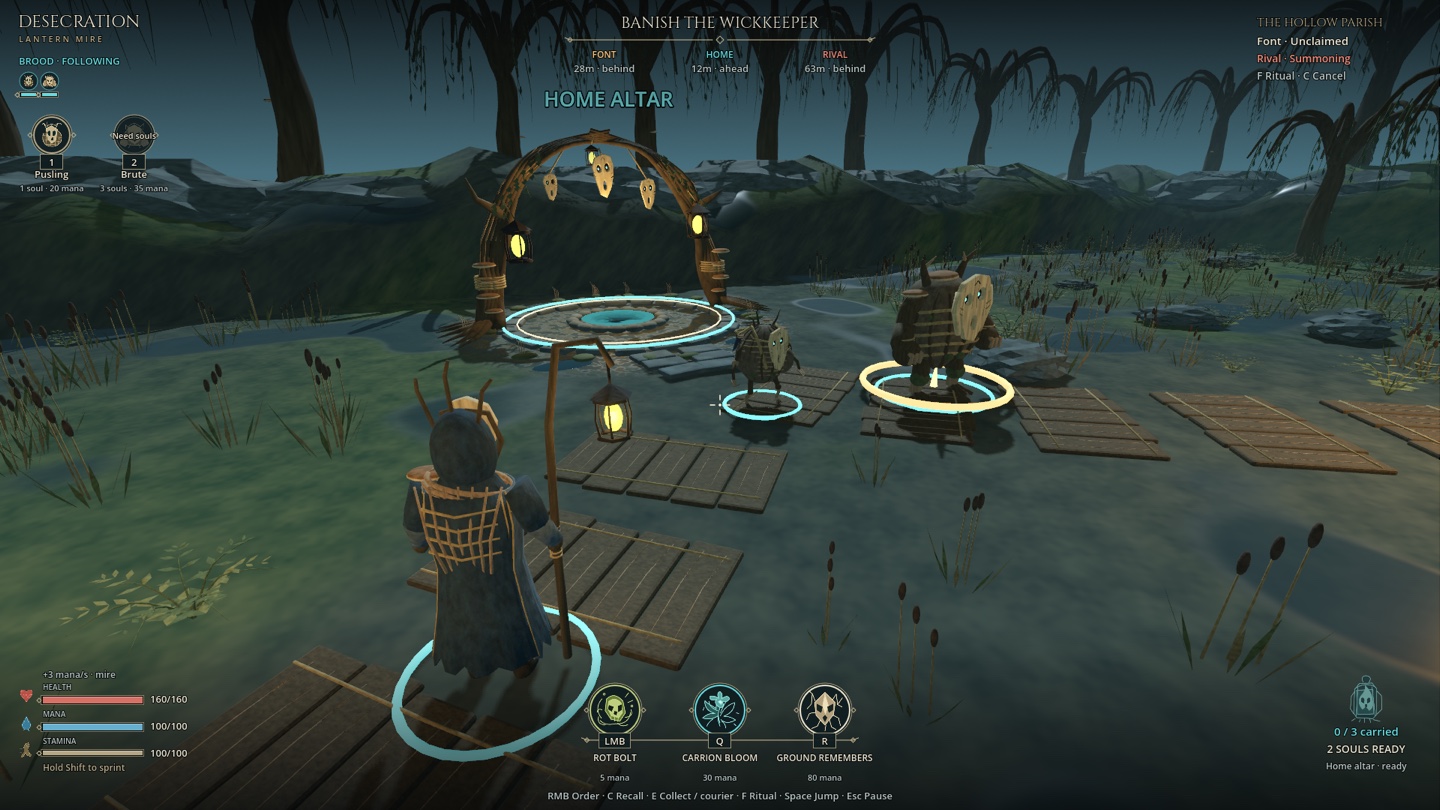 The preceding game build shows the same home altar and companions with brighter broad lighting, smoother ground and the earlier wizard coat and boards.