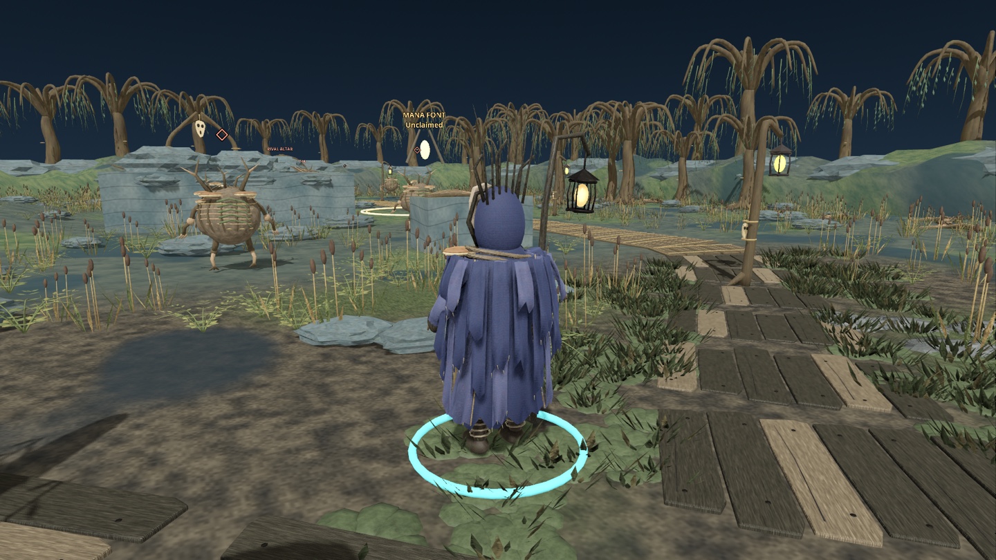 A neutral-lit diagnostic view shows the back of the layered indigo wizard coat, the wood grain on broken boards and clumped vegetation.