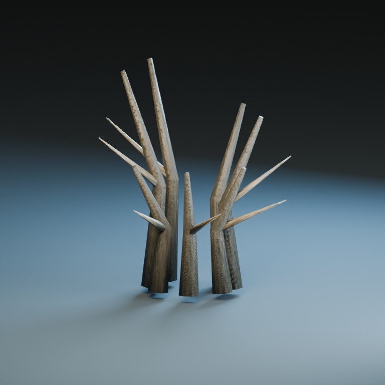 An original Blender studio render shows a cluster of split, weathered willow stems with baked directional wood grain.