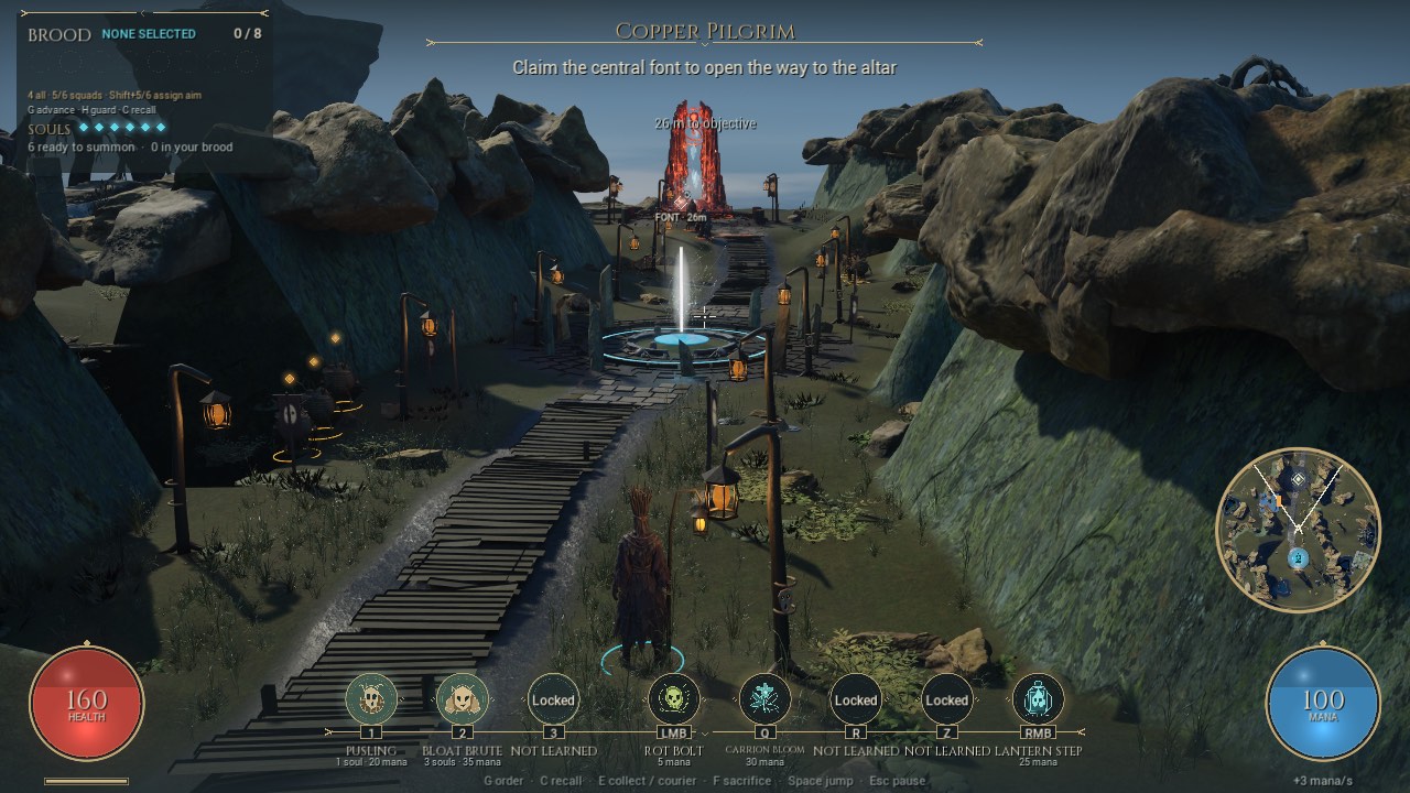 Campaign combat with a single bottom ability row, red health orb, blue mana orb, brood panel and circular minimap.