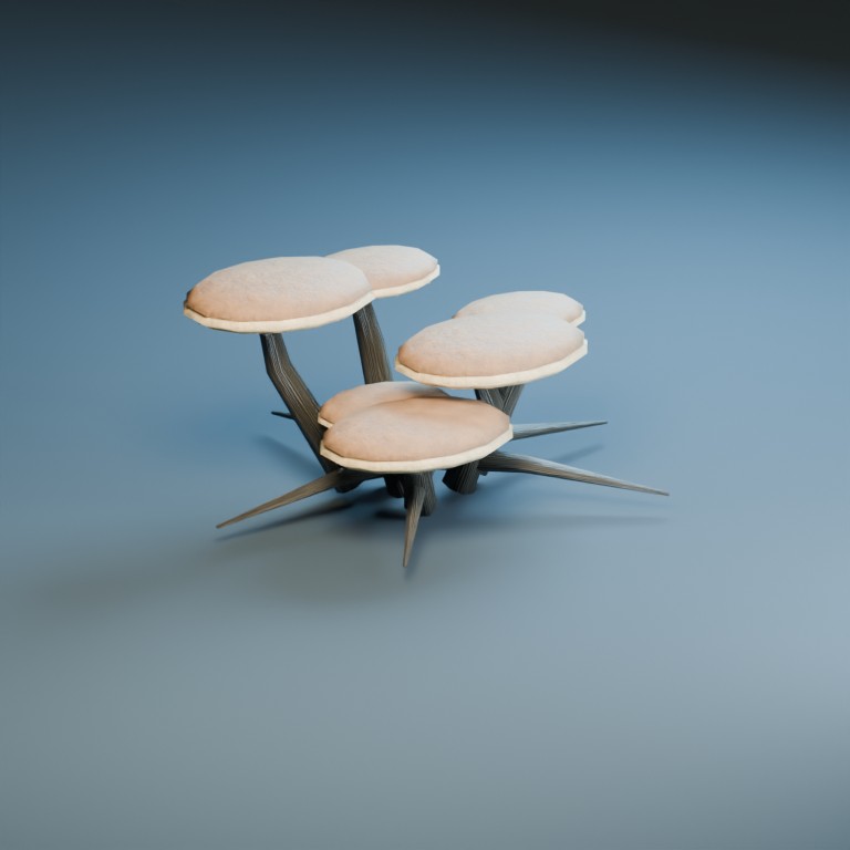 An original Blender studio render shows a small group of uneven mushrooms linked by dark roots.