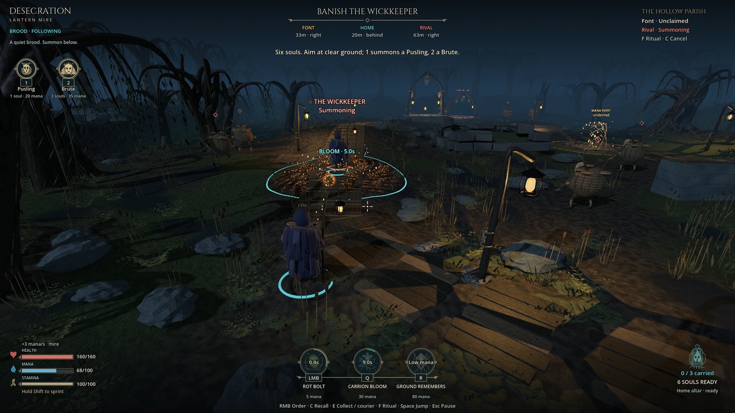 An ember seed flies toward the Wickkeeper above a low glowing fungal bed, bounded by a clear cyan ring.