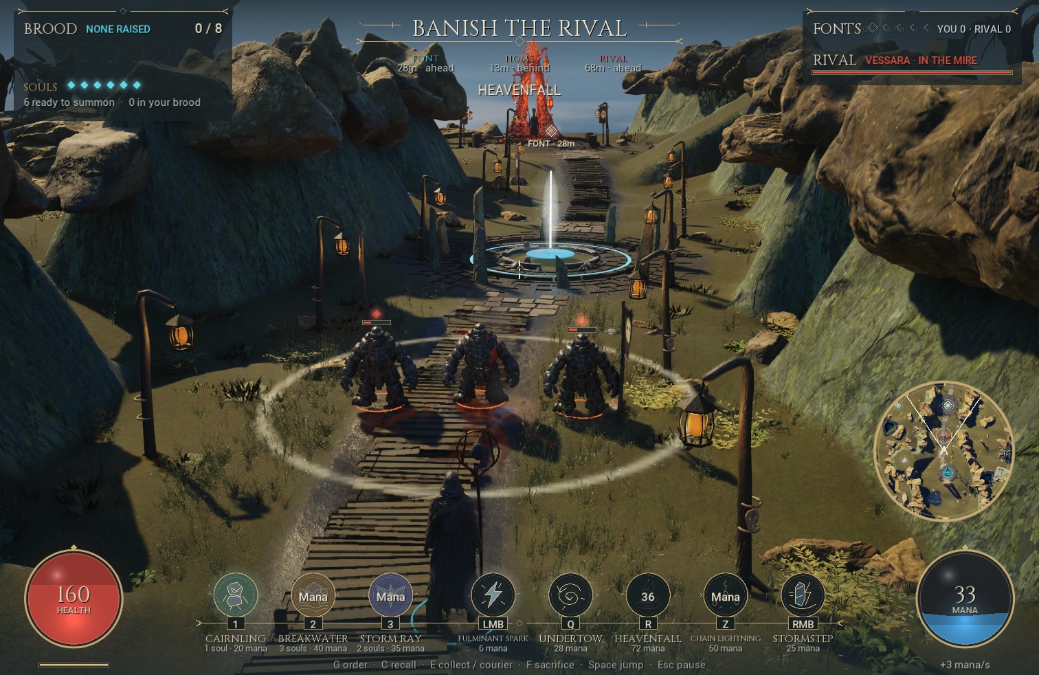 A branching Heavenfall bolt connects the sky to creatures on the path.