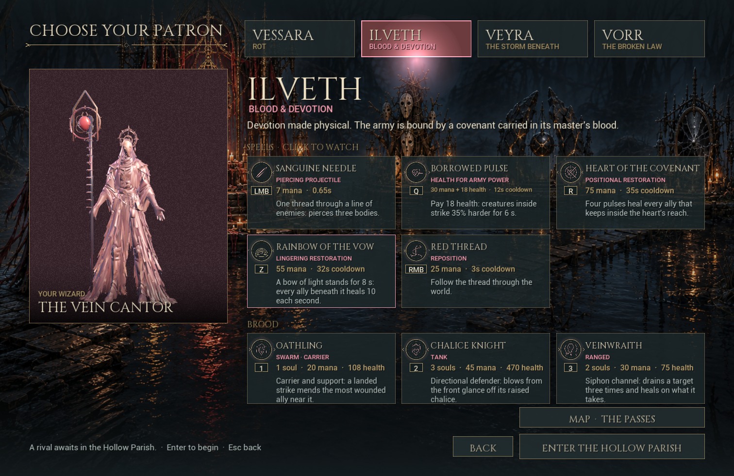 Ilveth’s patron screen shows all five spell cards, including Rainbow of the Vow on Z.
