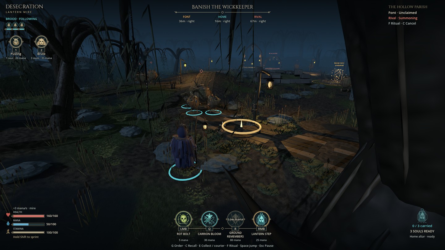 Three friendly Puslings occupy separate positions around a feral target on a swamp path.