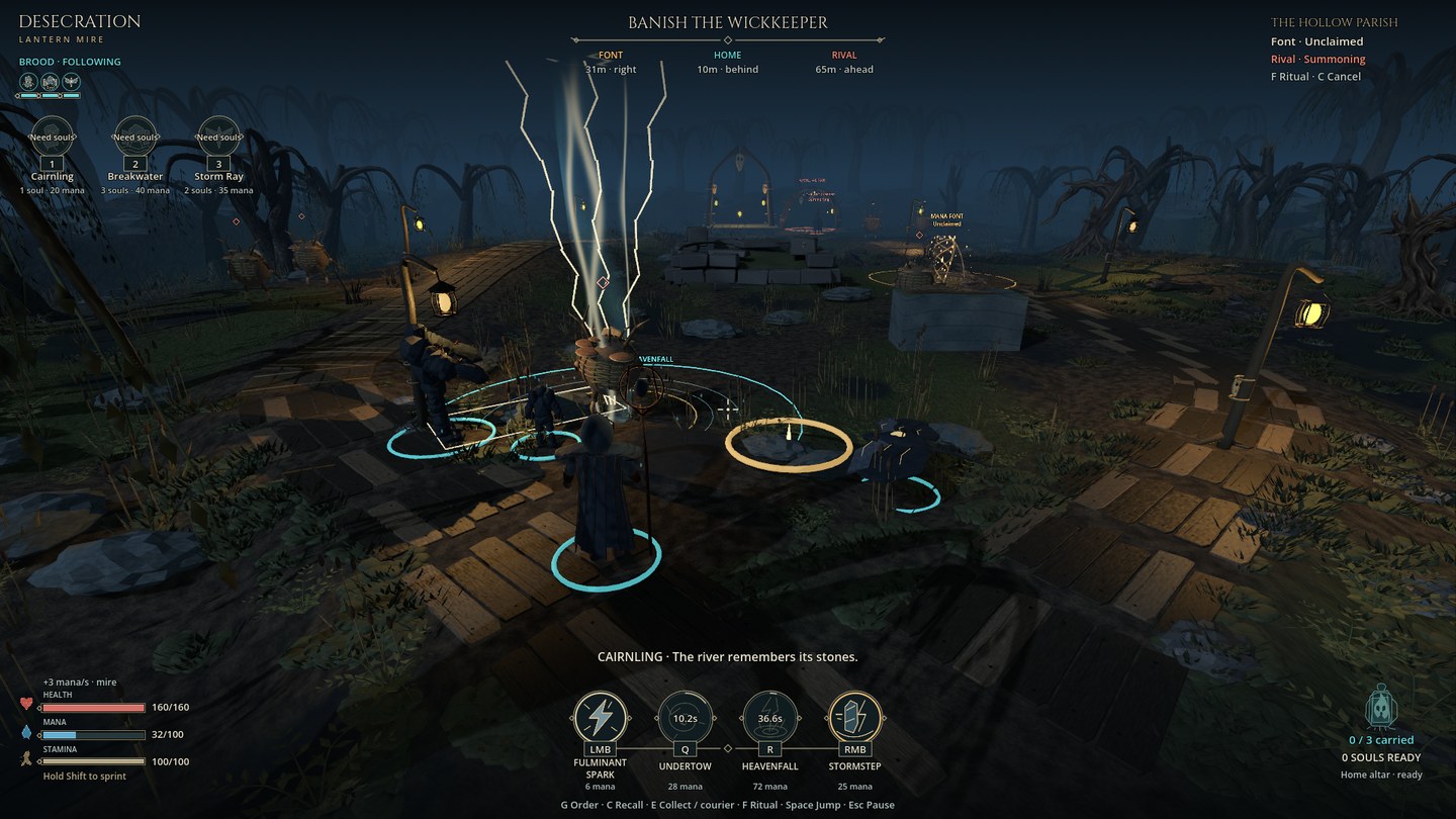 The Copper Pilgrim watches a contained lightning column strike beside a Cairnling, Breakwater and flying Storm Ray in the mire.