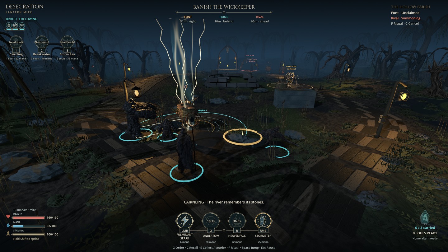 The Copper Pilgrim, two stone creatures and a hovering Storm Ray beside a Heavenfall lightning strike in the mire.