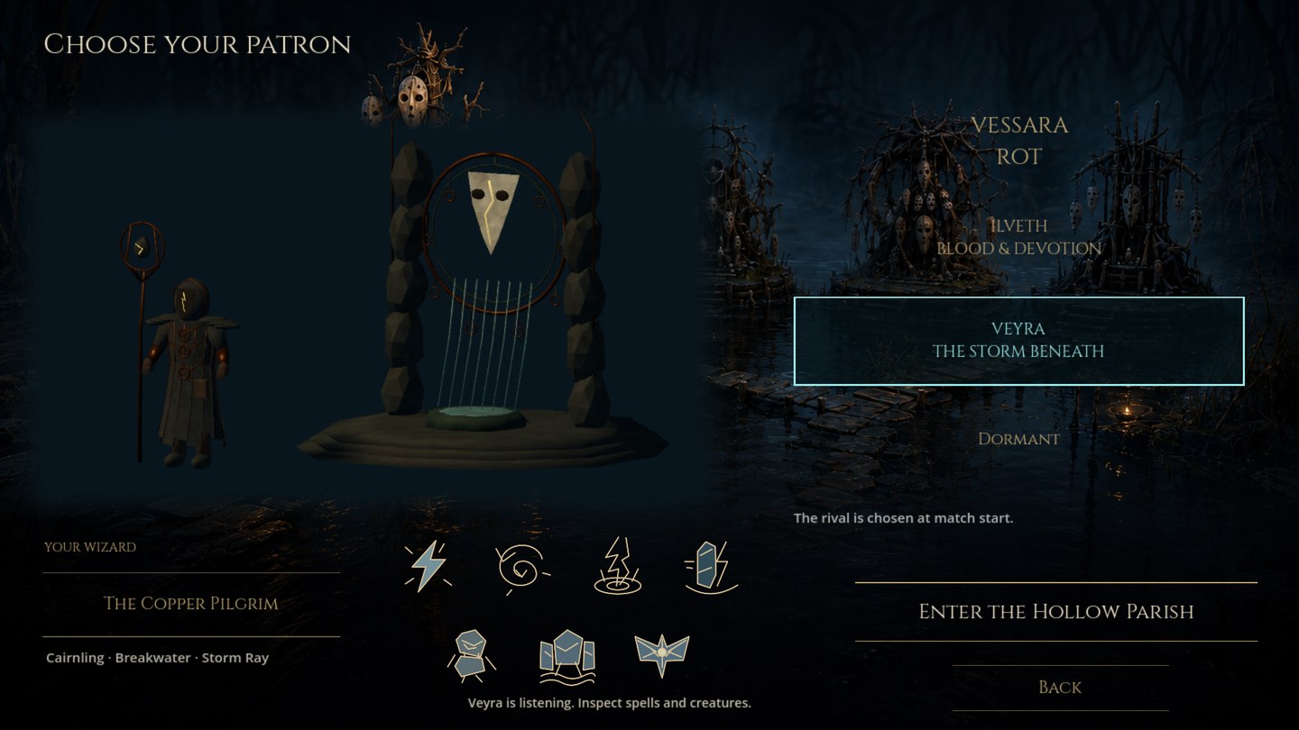 Veyra is selected beside Vessara and Ilveth, with the Copper Pilgrim, stone shrine and seven new inspector icons.