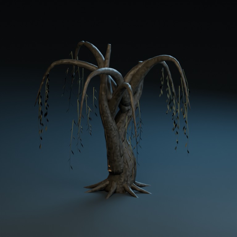 A Blender studio render of the original split willow shows two diverging trunks, uneven drooping branches and spreading roots.
