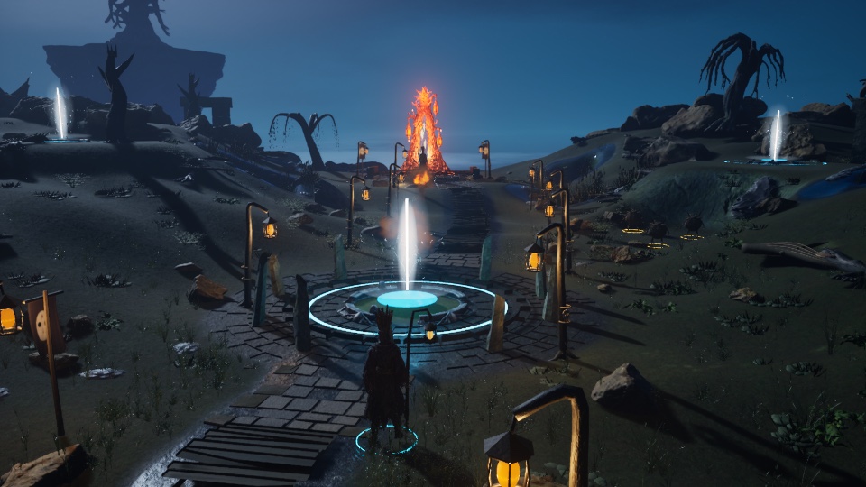The Wickkeeper travels toward a glowing soul font, seen from the normal third-person camera in the packaged Unreal game.