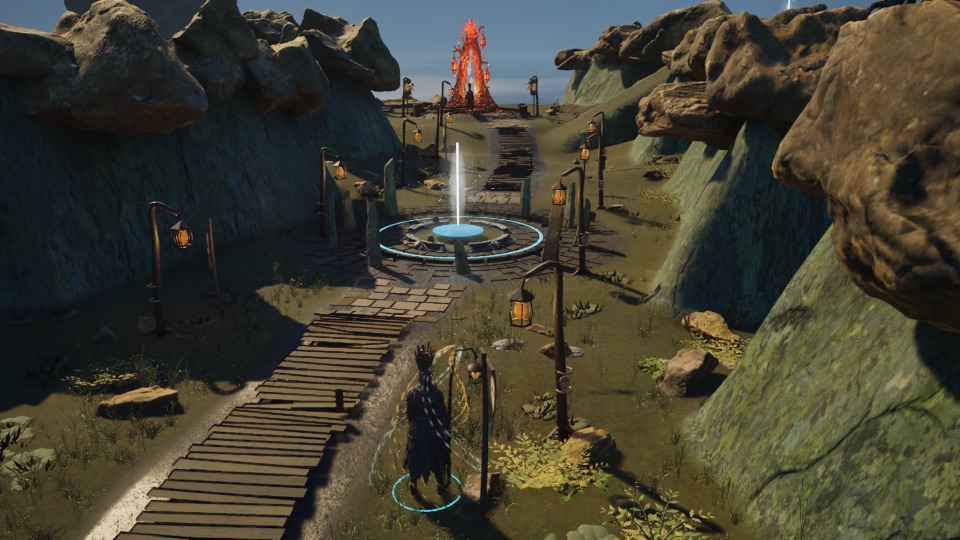 Gold and pale wisps surround the wizard casting Carrion Crows on the daylight Passes map, viewed from the ordinary third-person camera.