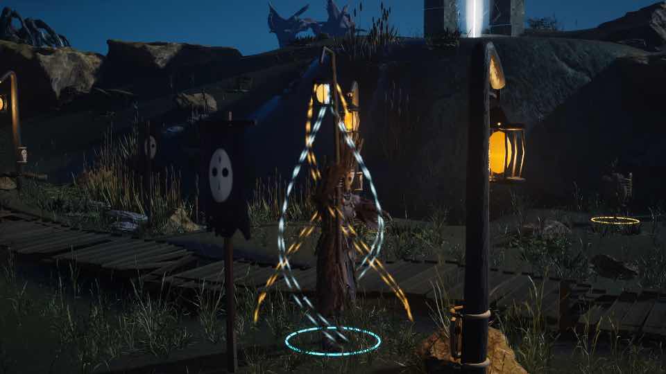 Vessara’s wizard lifts the lantern staff above his head as gold and pale wisps gather around it.
