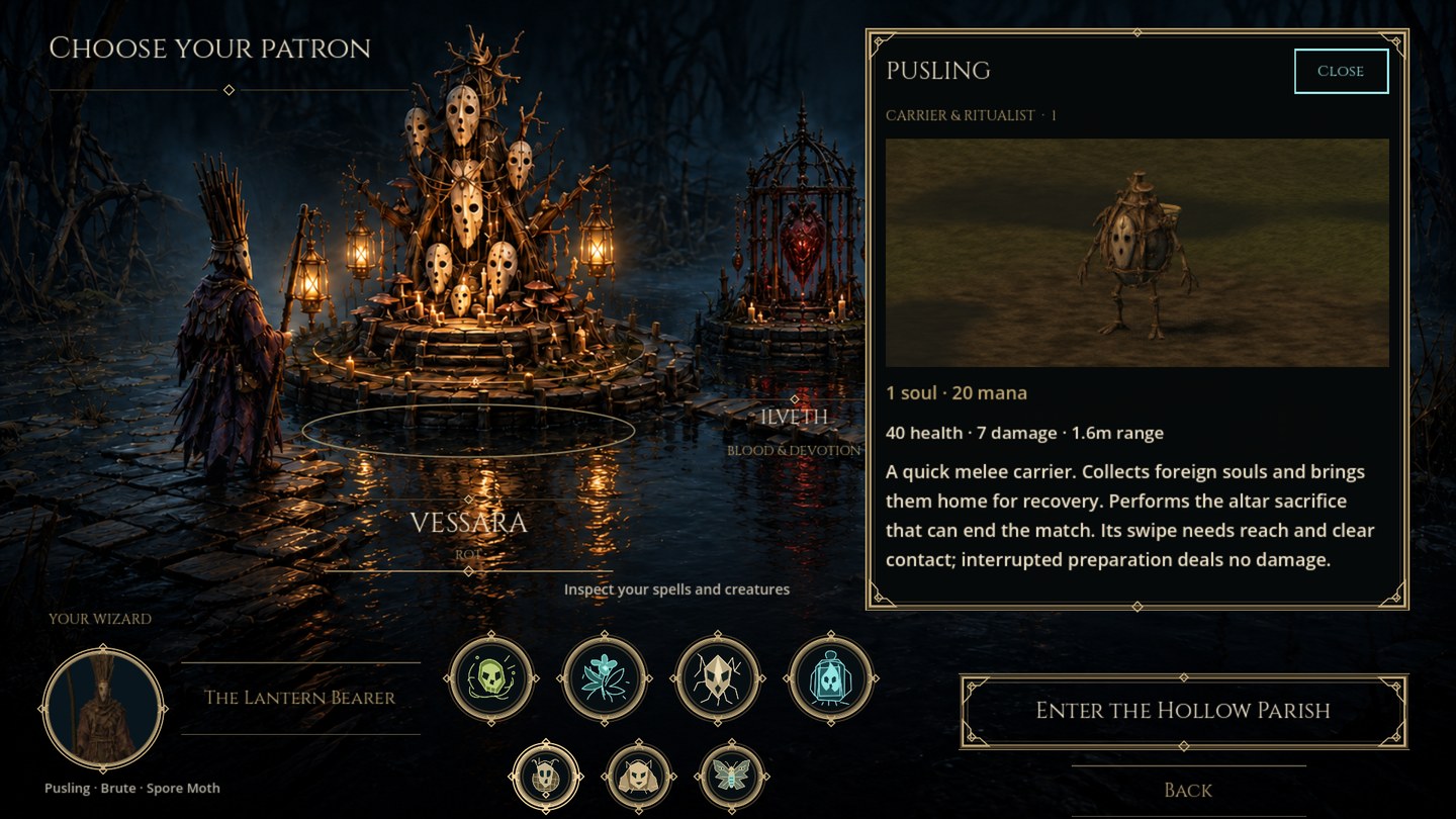 Vessara’s illustrated courtyard beside the live Pusling model inspector and its carrier and ritualist description.