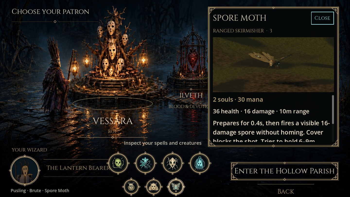 The Spore Moth’s animated model, two-soul thirty-mana price and ranged-skirmisher description in the enlarged inspector.