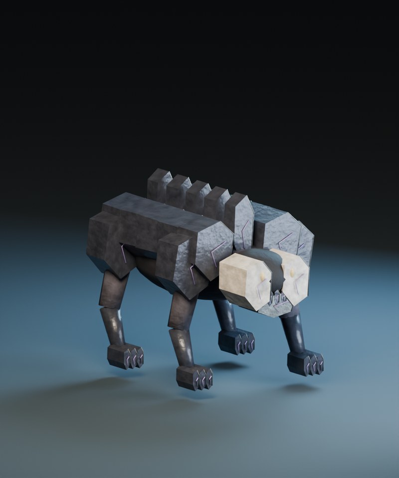 An original Blender studio render of the four-legged Fracture Beast with chipped glass armour, a pale fractured face and articulated feet.