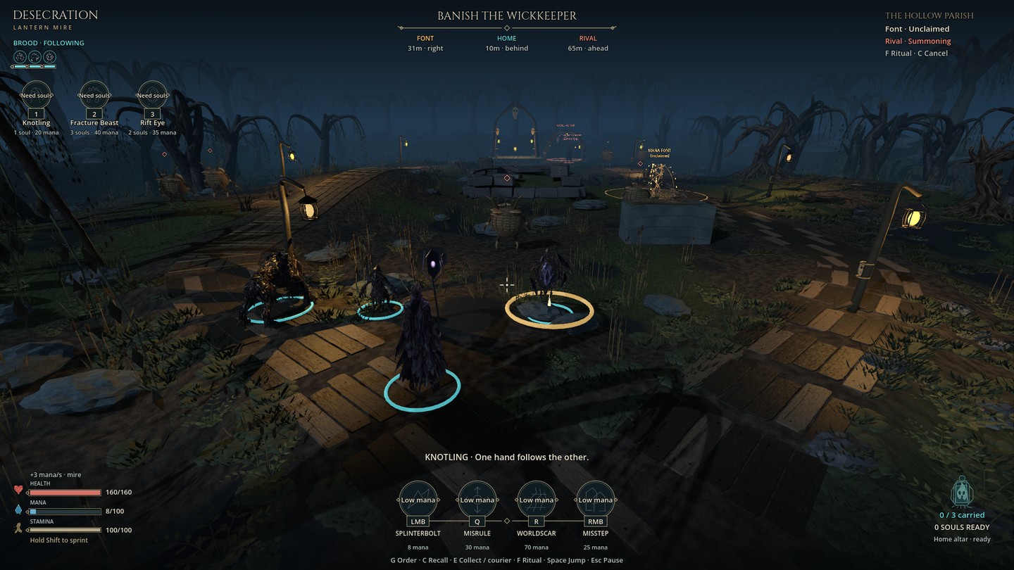 The Misbound wizard and three summoned mirror creatures gathered beside a lantern-lit boardwalk in the swamp arena.