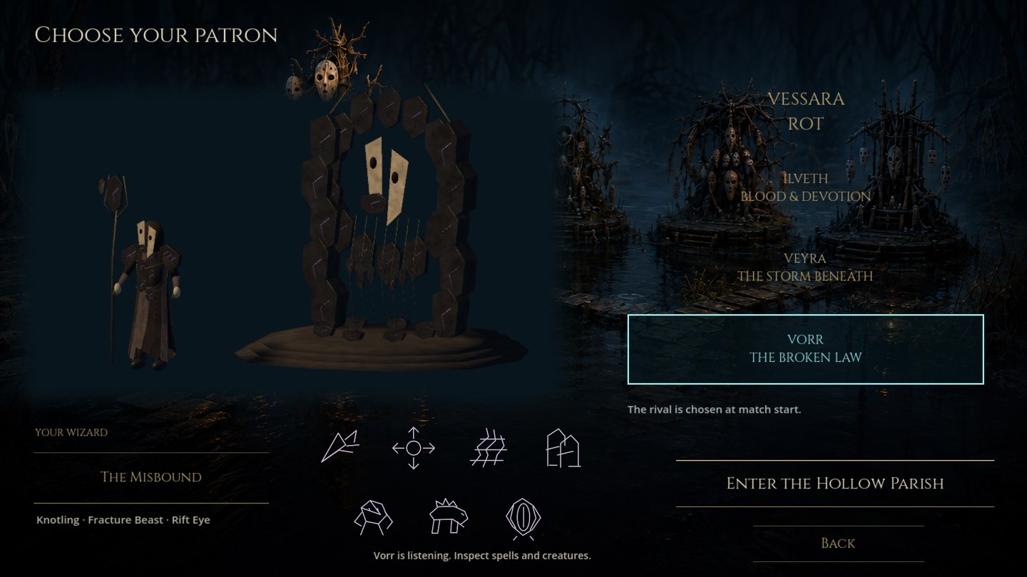 Vorr is selected in the four-patron courtyard beside the Misbound, the broken mirror shrine and seven original ability icons.