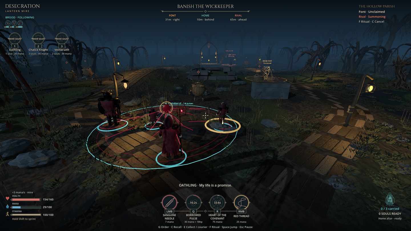 The Vein Cantor and three Crimson Vow creatures gather around a suspended ruby heart and red threads in the mire.