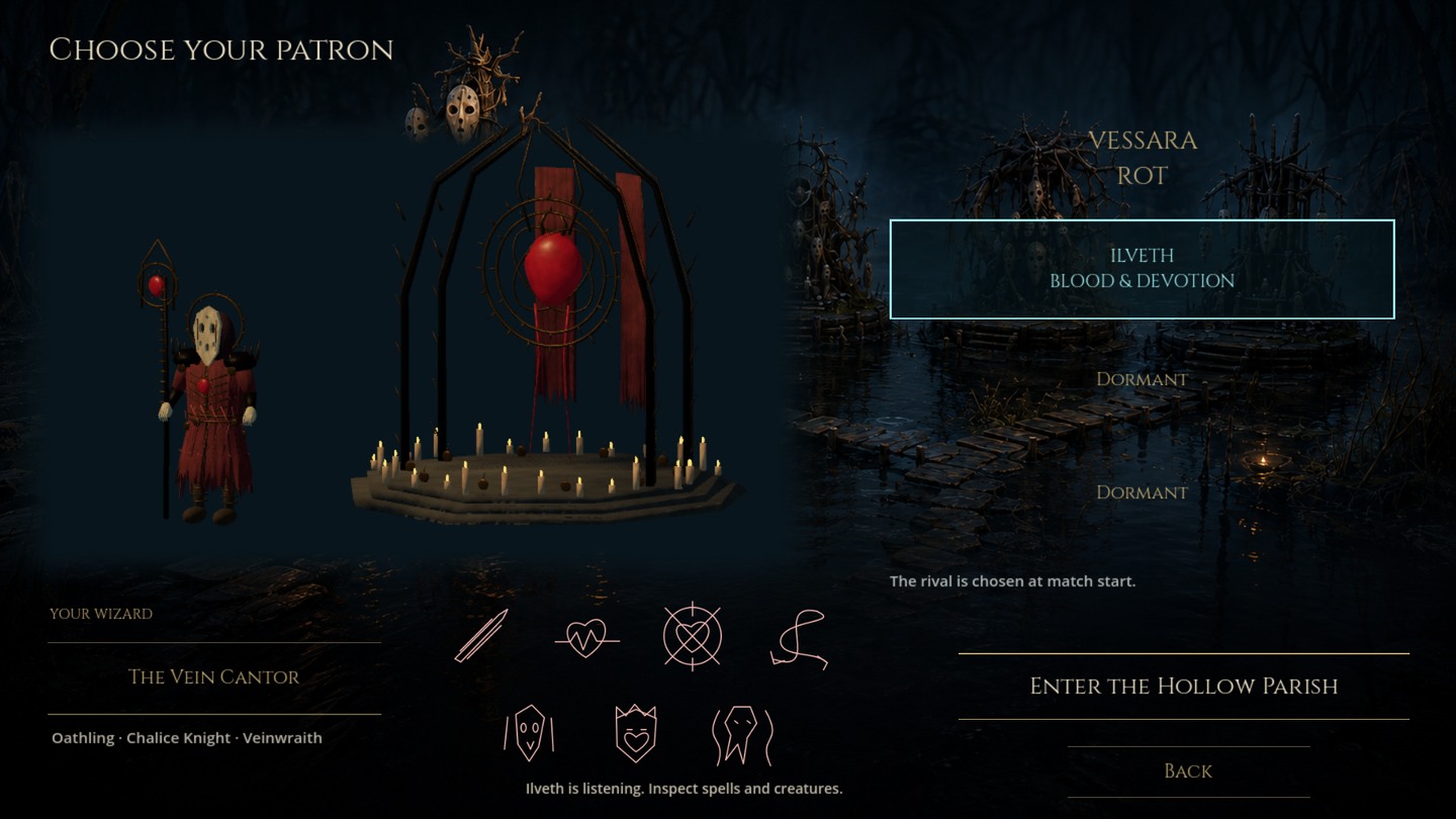 Ilveth is selected in the patron courtyard, with the Vein Cantor, heart shrine and seven spell and creature icons.