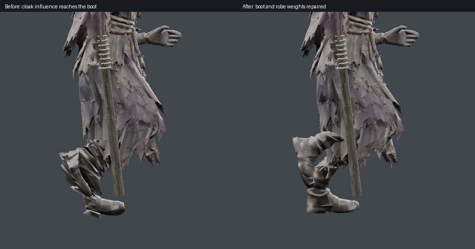 Identical sprint poses in Blender: the original boot collapses into sharp folds on the left, while the repaired boot retains its shape on the right.