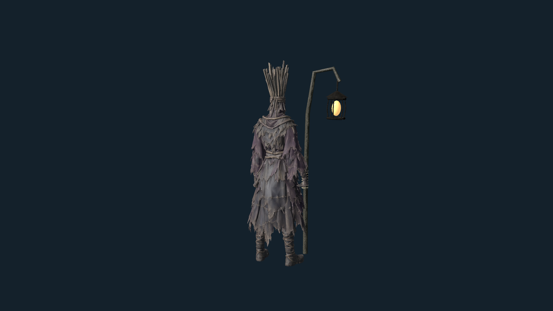 The textured wizard in a full-body three-quarter view, with layered cloth, bound reeds and a lantern staff.